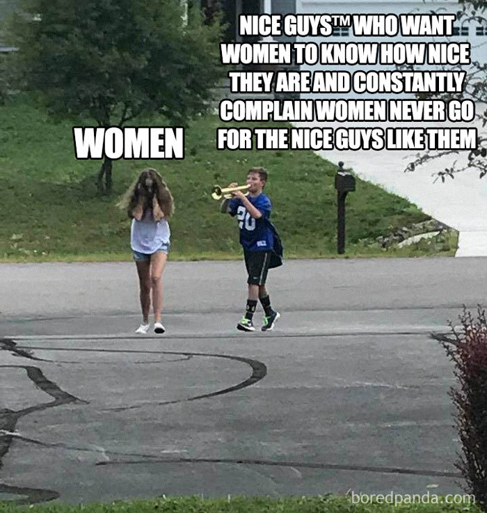 Feminist meme with a boy playing a trumpet behind a girl covering her ears, illustrating a humorous message.