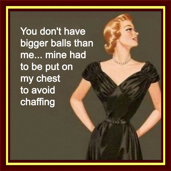 Retro-style feminist meme with a confident woman in a black dress, text highlighting gender stereotypes humor.