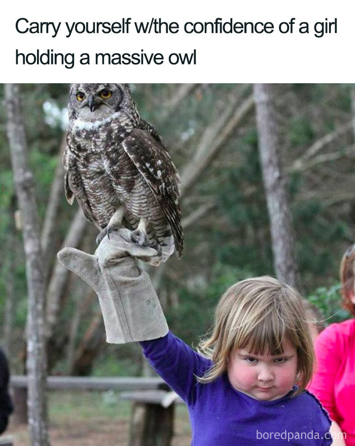 Young girl confidently holding a large owl, symbolizing feminist humor.