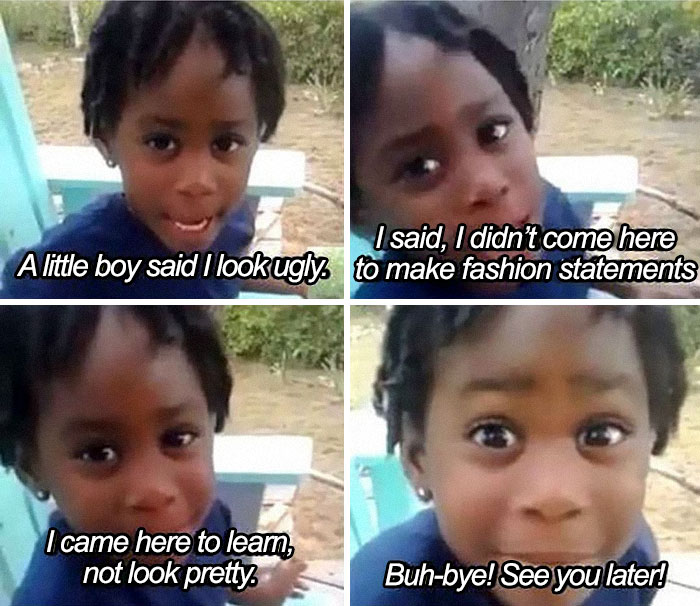 Young girl humorously responding to criticism, showcasing feminist memes with witty comebacks.