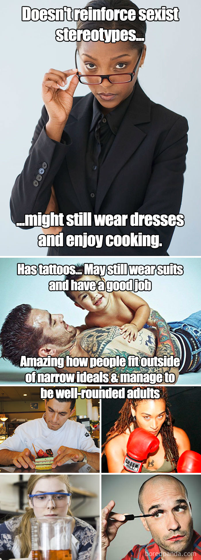 Feminist memes challenging stereotypes with humor, showcasing diverse and non-traditional gender roles in everyday life.