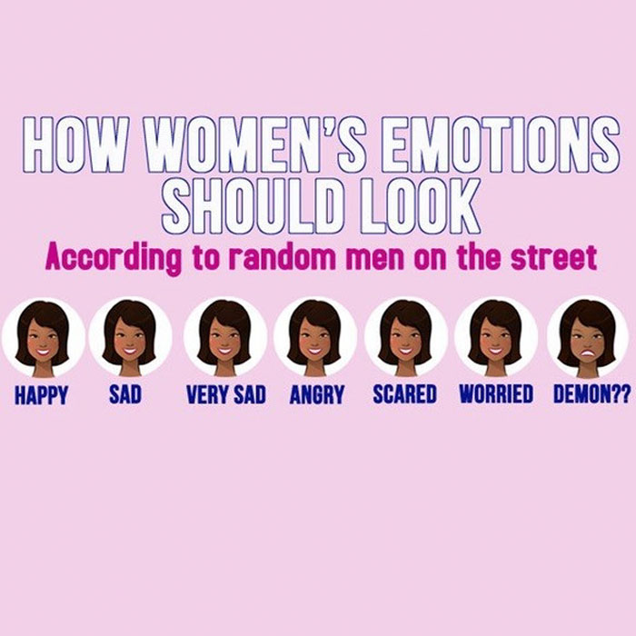Feminist meme showing varied female emotions satirically labeled by men's perceptions.