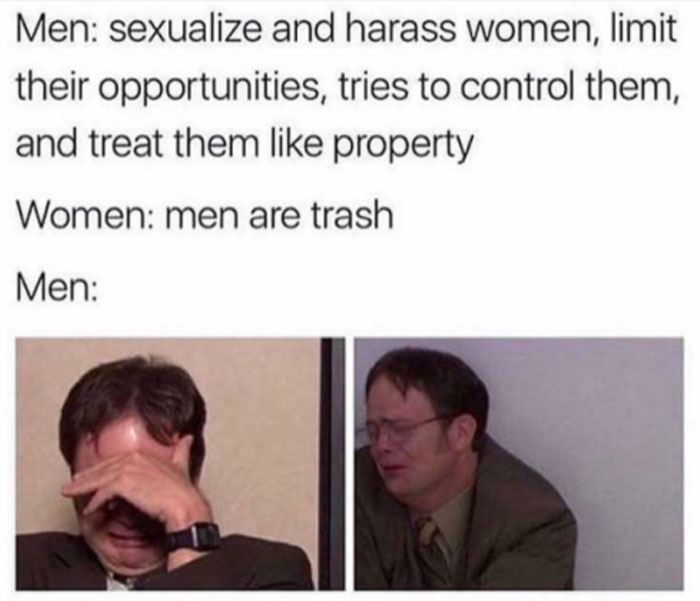 A feminist meme highlighting double standards with a man embarrassed, touching forehead, conveying humor in truth.