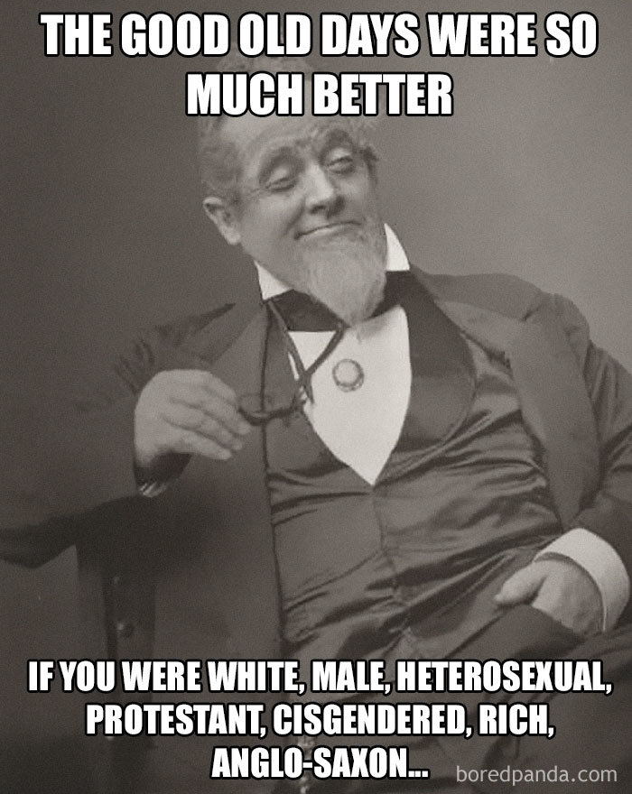 Vintage photo meme highlighting feminist humor about societal norms.