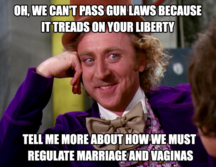 Feminist meme showing sarcastic W***y Wonka highlighting liberty and regulation contradictions.