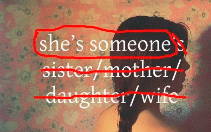 Silhouette of a woman with text "she's someone's" circled; feminist meme challenging societal labels.