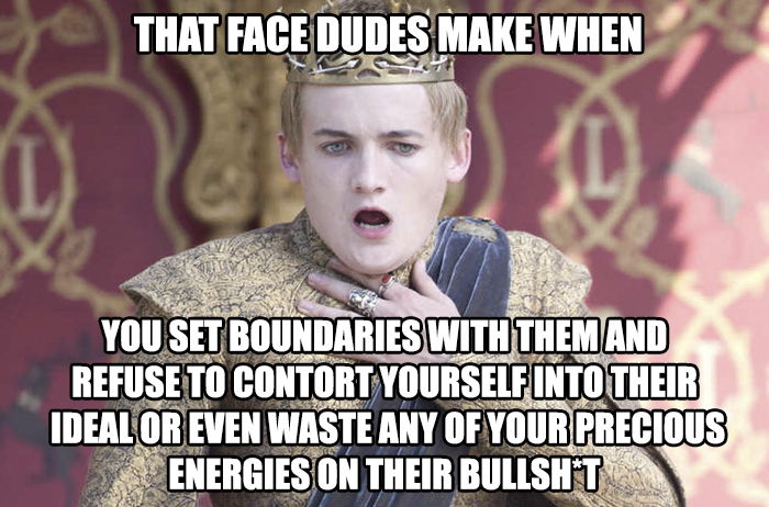 A character in royal attire making a shocked face, illustrating a feminist meme about setting boundaries and defying expectations.