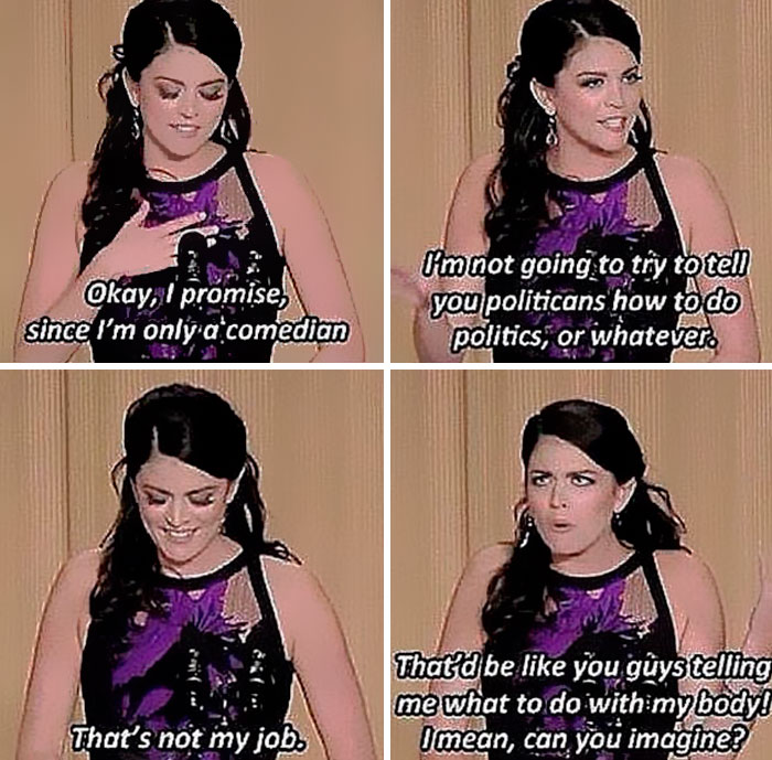 Comedian humorously critiques politicians using feminist memes to highlight double standards in decision-making.