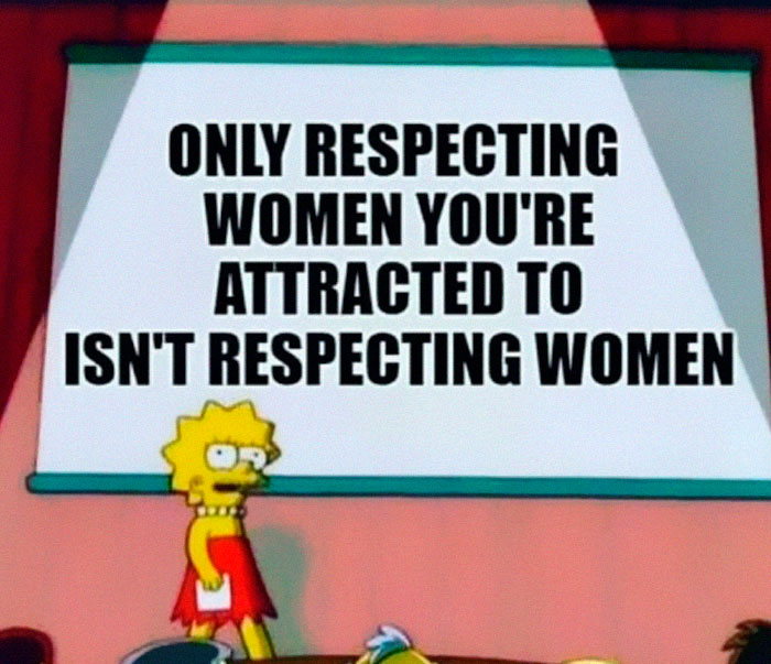 Lisa Simpson presenting a feminist meme about respecting women on a projector screen.
