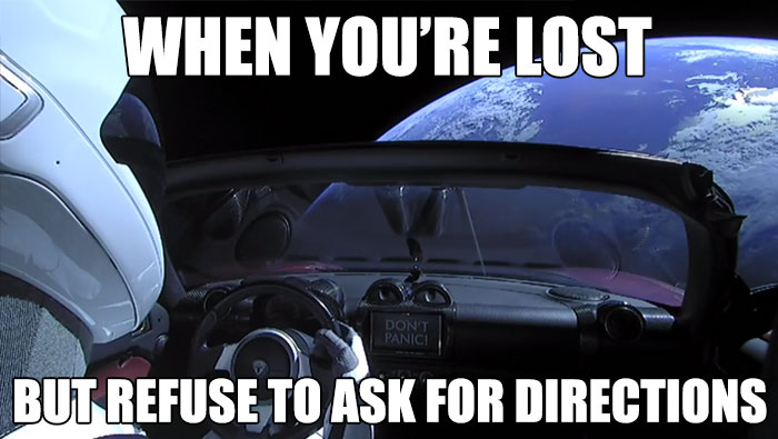 Astronaut in a car floating in space with Earth in the background, showcasing a humorous space meme.