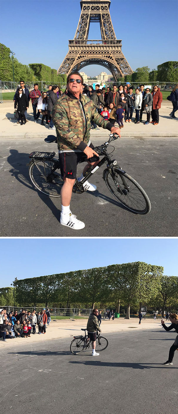 Arnold Schwarzenegger Photobombs Tourists In Front Of The Eiffel Tower