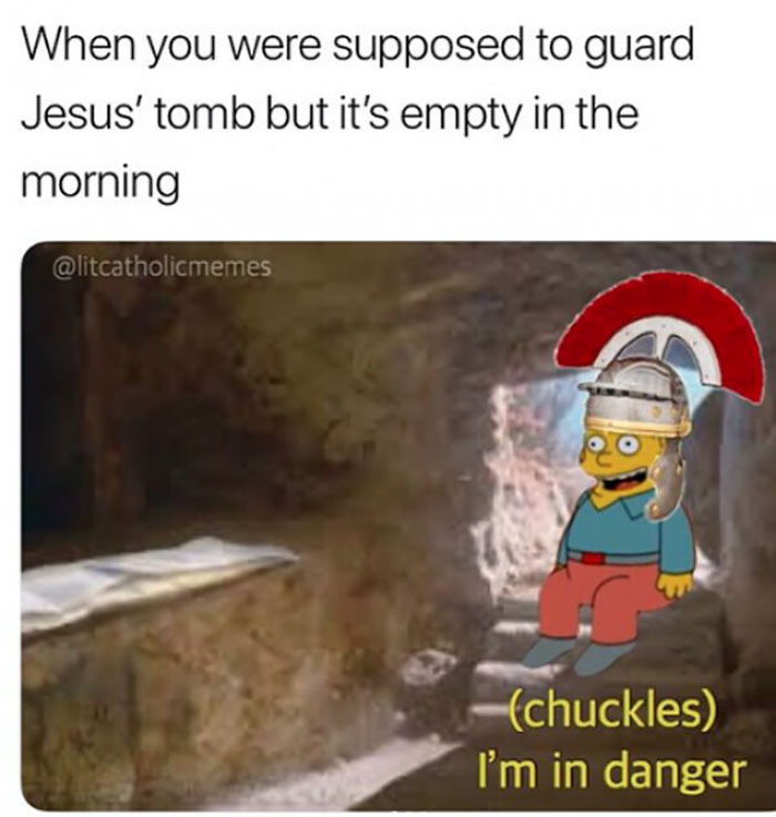 Cartoon Roman guard in Jesus' empty tomb with text: "When you were supposed to guard Jesus’ tomb but it’s empty." Funny Christian meme.