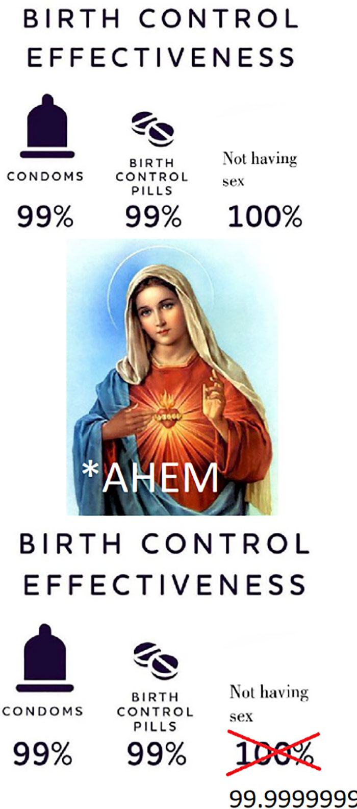 A humorous Christian meme about birth control effectiveness with a religious figure.