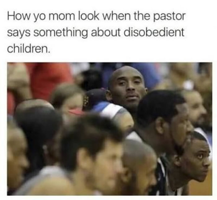 A man with a serious expression sits in a crowd, captioned humor about church and disobedient children. Christian memes.