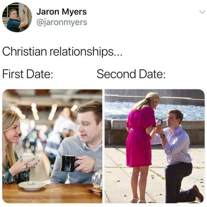Christian meme showing a couple on a coffee date and a proposal on the next date.