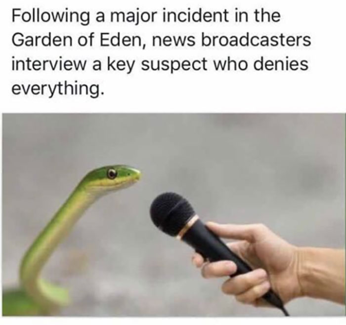 Christian meme with a snake being interviewed about the Garden of Eden incident.