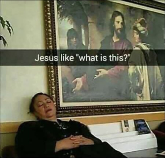 Sleeping woman under painting of Jesus with funny caption, highlighting Christian memes.