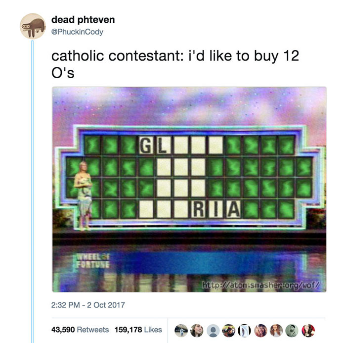 Wheel of Fortune meme with text referencing a Catholic contestant buying vowels, humor about Christian themes.