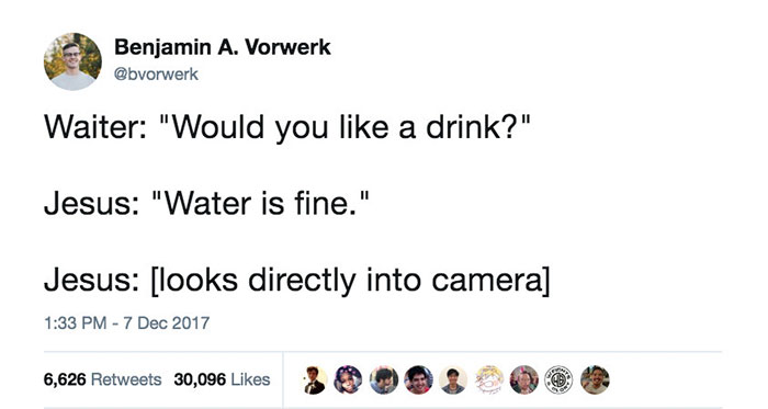 Christian meme featuring a humorous conversation about Jesus preferring water.