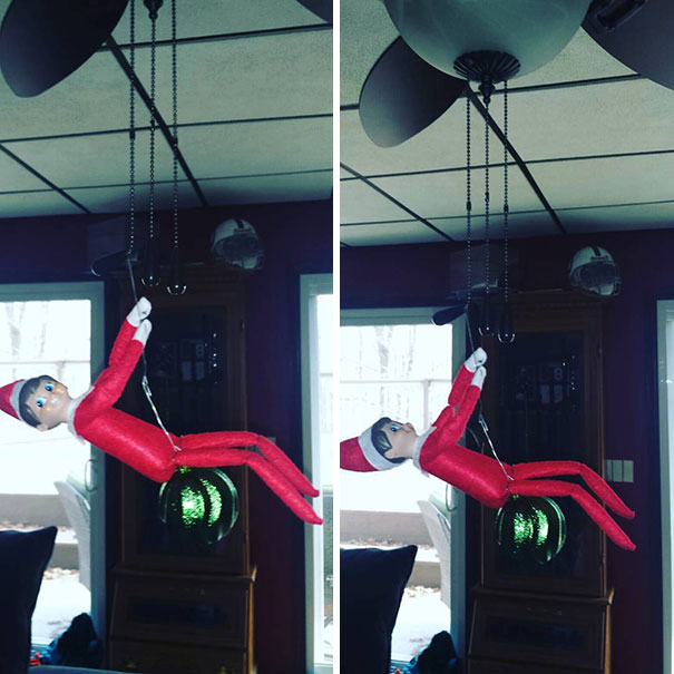 "Elf On The Shelf idea with the elf hanging from a ceiling fan chain, posed like a spy, with a Christmas ornament below as a 'mission' target."