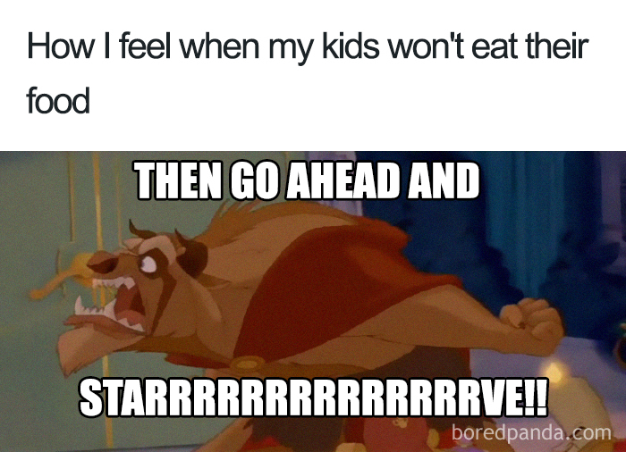 Beast yelling meme about kids not eating, capturing the humor moms experience.
