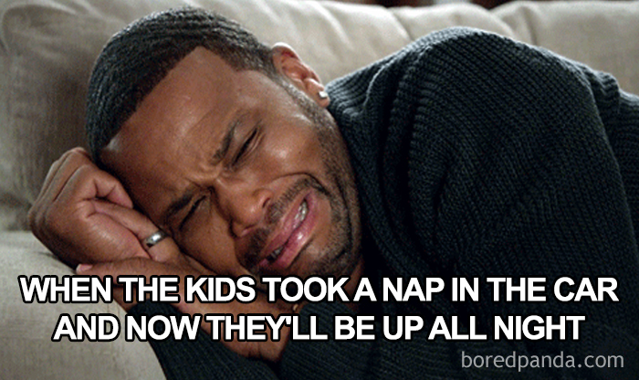 Man crying humorously, captioned about kids napping in the car, representing funny mom memes.