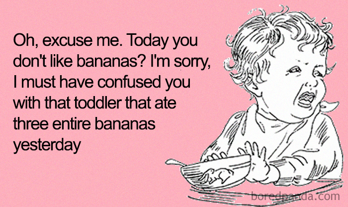 Funny mom meme featuring a confused toddler about eating bananas.