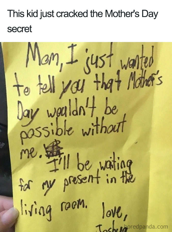 Child's handwritten Mother's Day note humorously claiming credit for the day, featuring a cute demand for a gift.