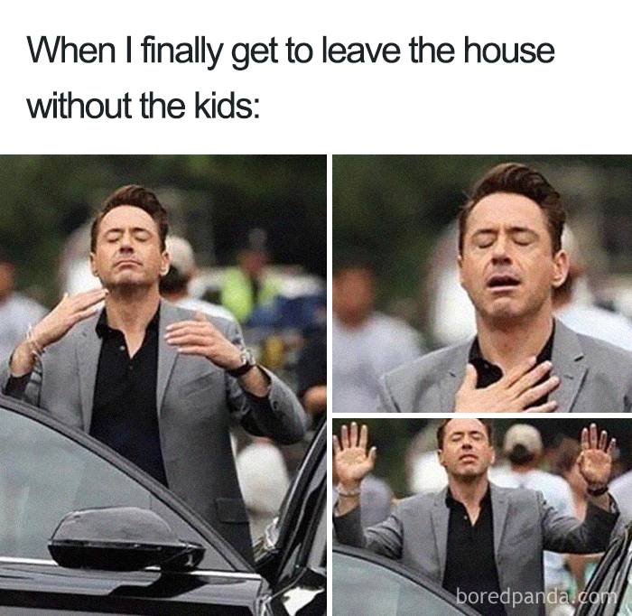 Man in a suit looking relieved, referencing humorous mom meme about leaving the house without kids.