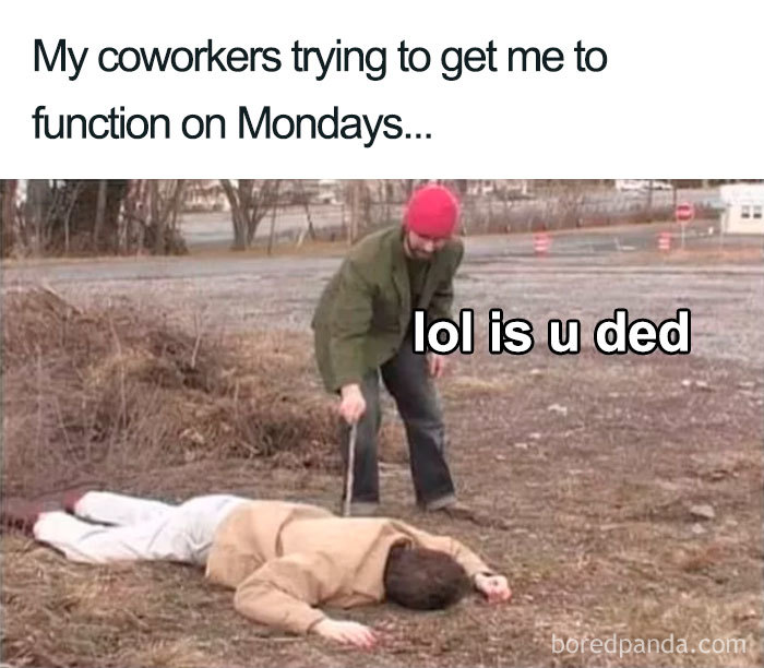 Two coworkers in a funny meme about struggling to function on Mondays.