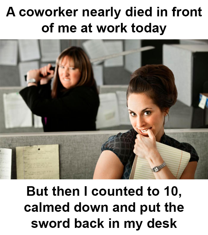 Two coworkers in an office cubicle with funny expressions, illustrating a humorous meme about office life tensions.