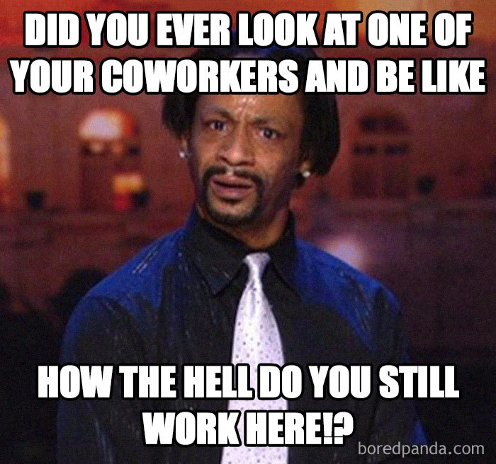 Confused man meme with text joking about coworker competence, part of funny coworker memes collection.