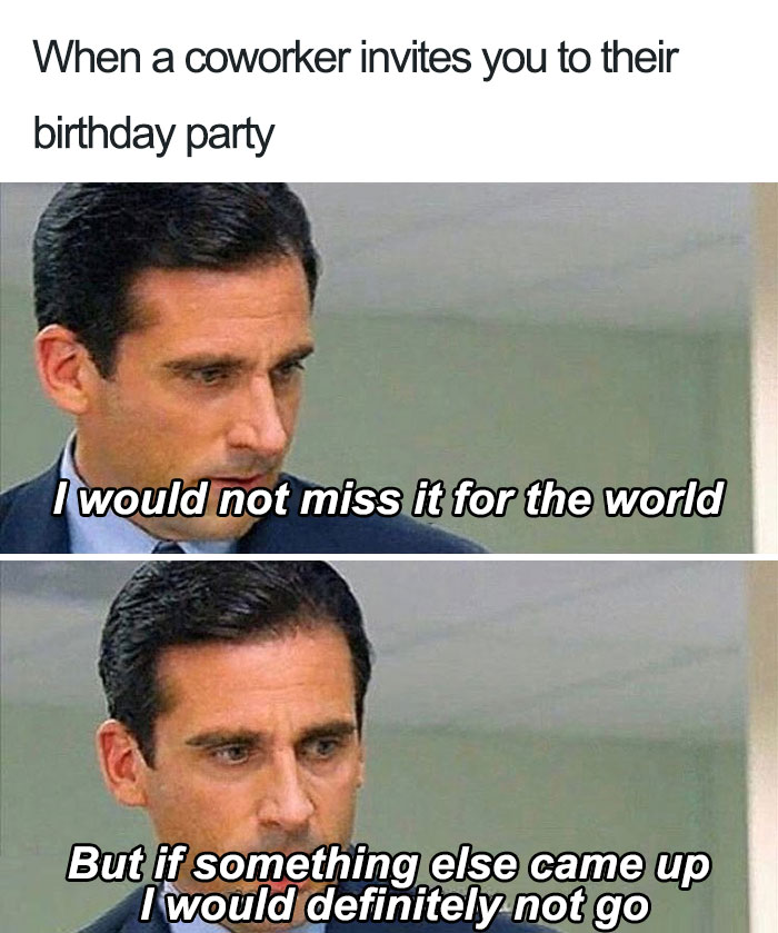 Man humorously contemplating attending a coworker’s birthday party, expressing reluctance in a meme format.