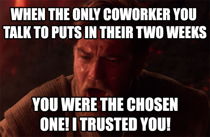 Funny coworker meme showing a distressed character with a caption about a colleague resigning.