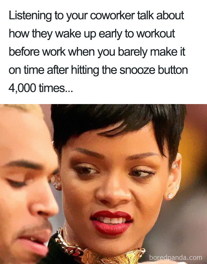 Coworker meme featuring a woman reacting with disbelief to a man's story about early morning workouts.