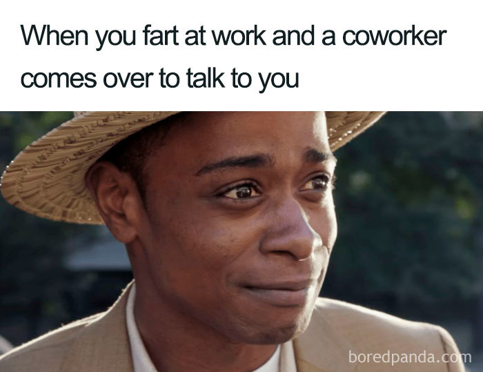 Man in a hat looking uncomfortable, captioned with a funny coworker meme about farting at work.