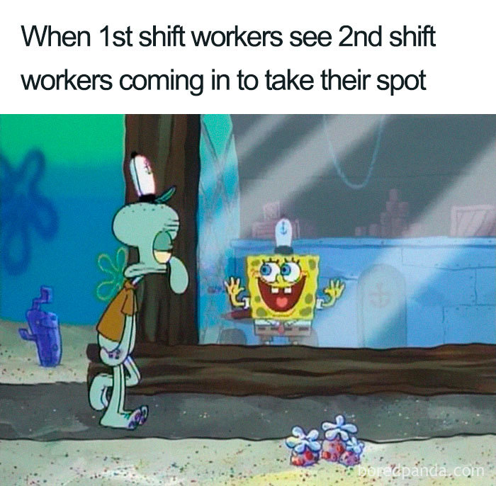 SpongeBob meme depicting coworker humor with a grumpy squid and excited sponge behind a window.