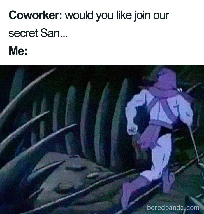 A coworker meme showing a character running away, humorously rejecting a Secret Santa invite.