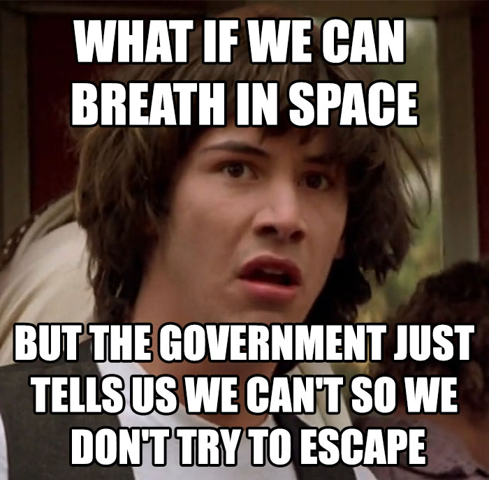 Confused meme character pondering space breathing conspiracy joke.