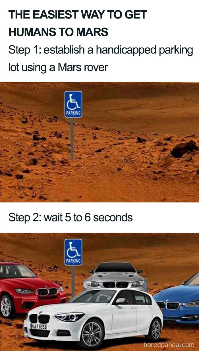 "Funny space meme of cars parked on Mars with a handicap sign."