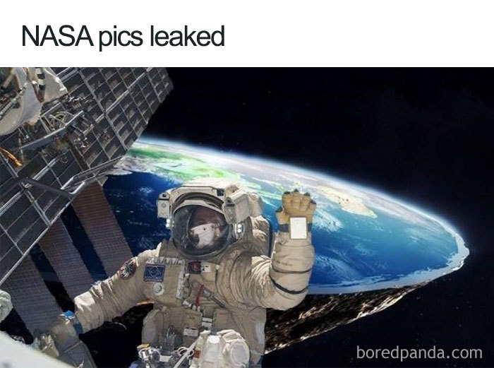Astronaut floating near flat Earth, humorous space meme.