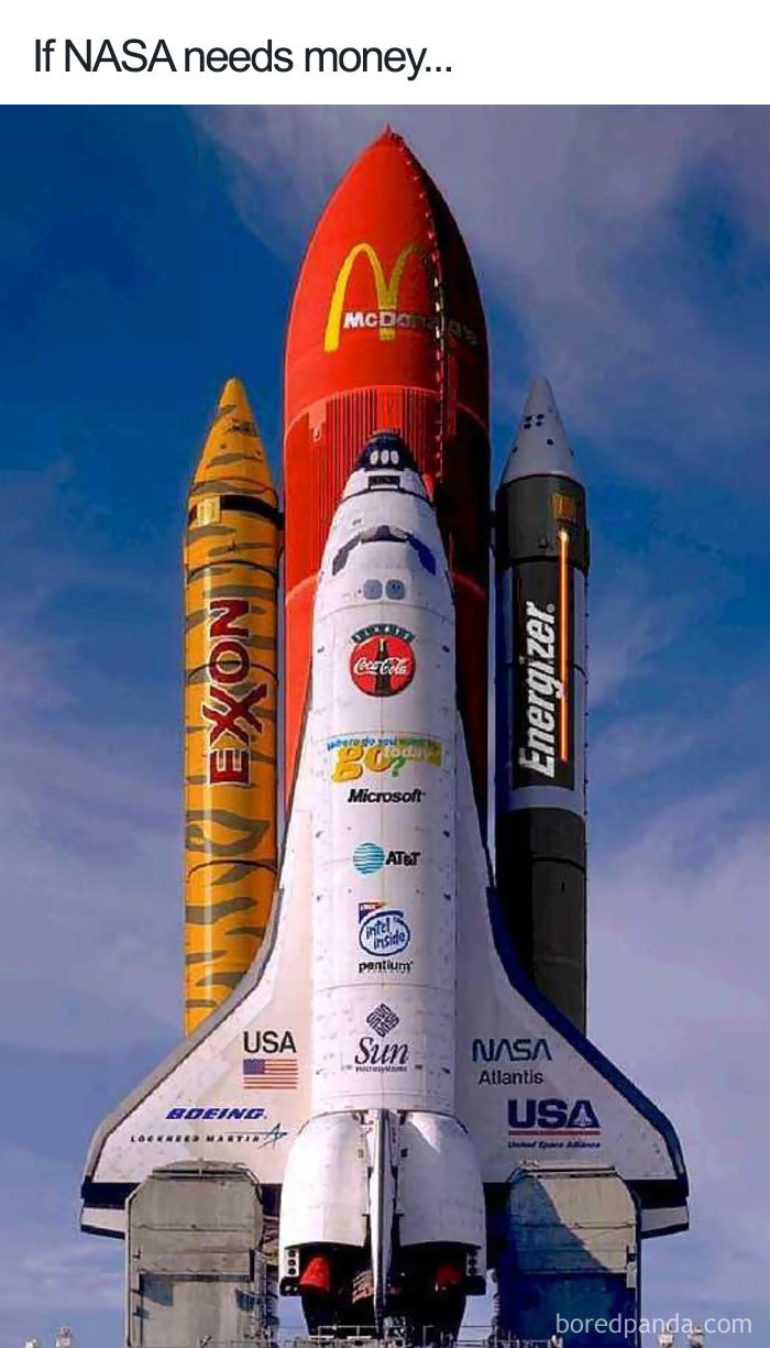 Rocket with fast-food and tech logos, a funny space meme.