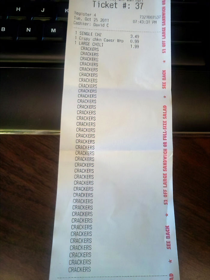 Ordered Extra Crackers With My Chili. Waiter Is A Funny Guy