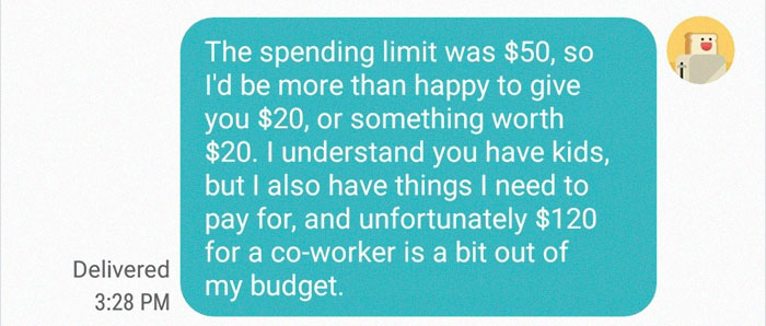‘Didn’t Believe People Like This Existed’: Mom Finds Out Coworker’s Gift Is Below $50 Spending Limit, Asks For More ‘Didn’t Believe People Like This Existed’: Mom Finds Out Coworker’s Gift Is Below $50 Spending Limit, Asks For More