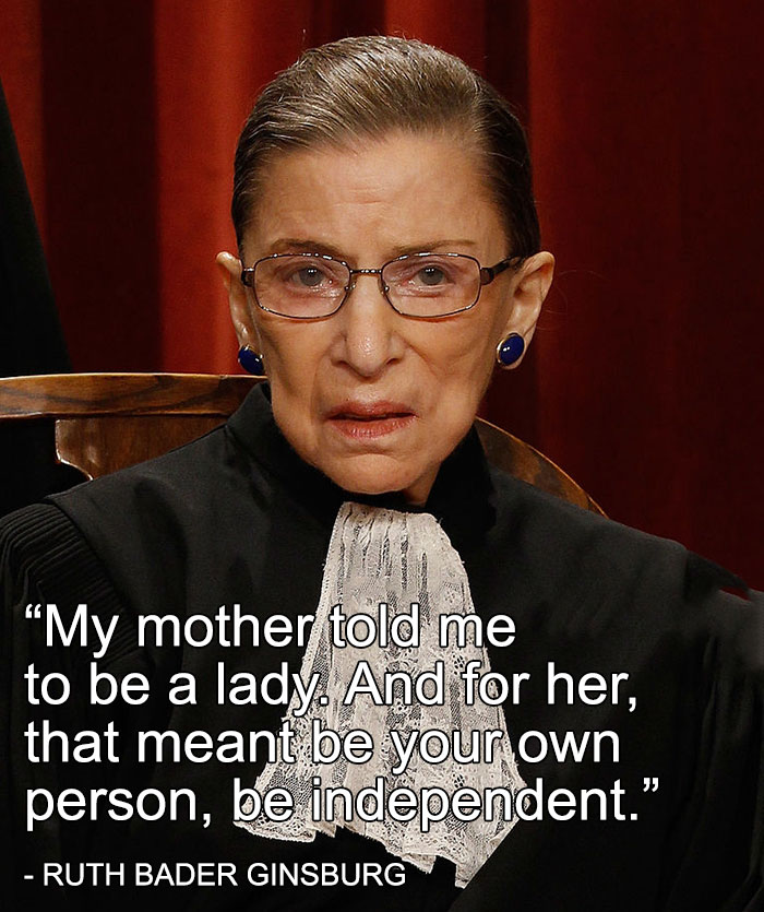 Elderly woman in judicial robe, quote about independence showcases feminist humor conveying truth.