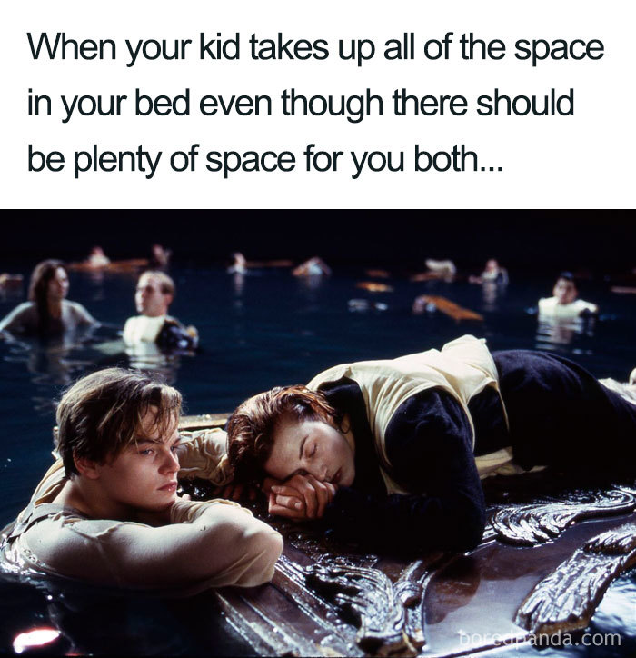 Funny mom meme comparing bed space problems to a famous movie scene with two people on a floating door.