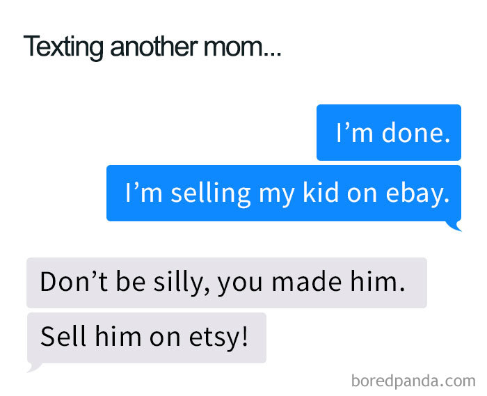 Text exchange between moms joking about selling a kid on eBay versus Etsy, highlighting funny mom memes.