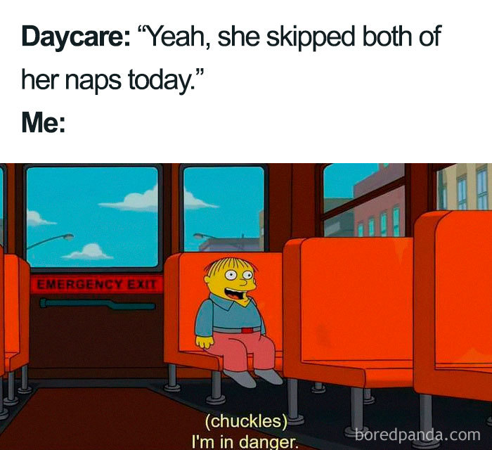 Cartoon character on a bus, reacting humorously to daycare news, illustrating funny mom meme humor.