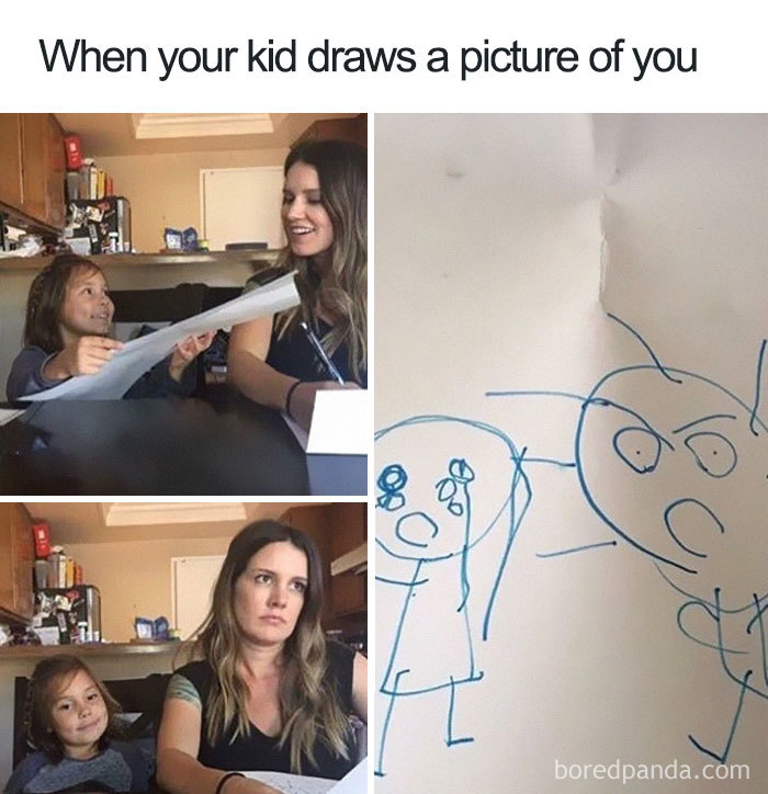 Mom meme showing a child's drawing of mom; mom looks unimpressed while child smiles proudly.