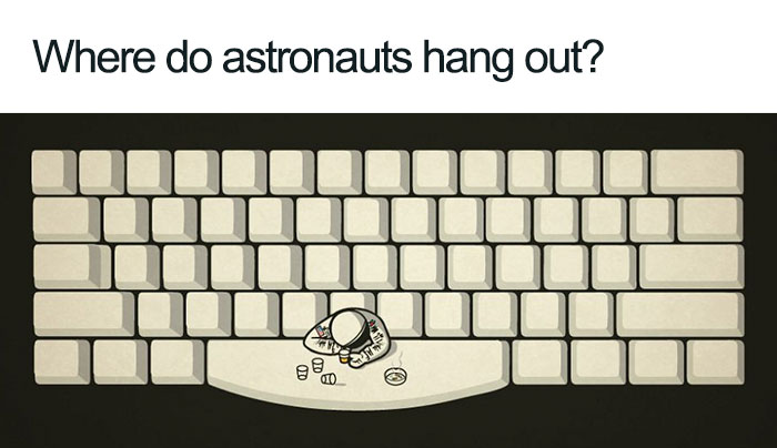 Astronaut cartoon on a keyboard space bar with drinks, depicting a space meme.